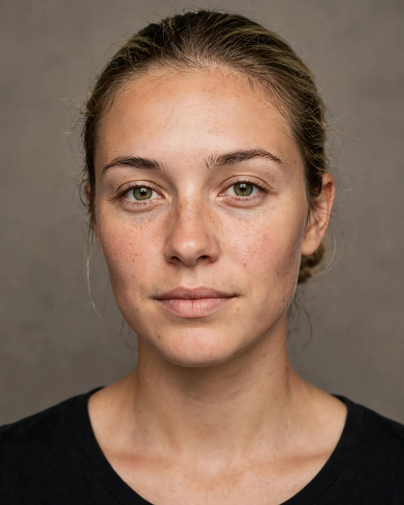 Meta Muse Image portrait result showing a woman with visible pores, peach fuzz, fine facial hair and detailed green-hazel eyes.