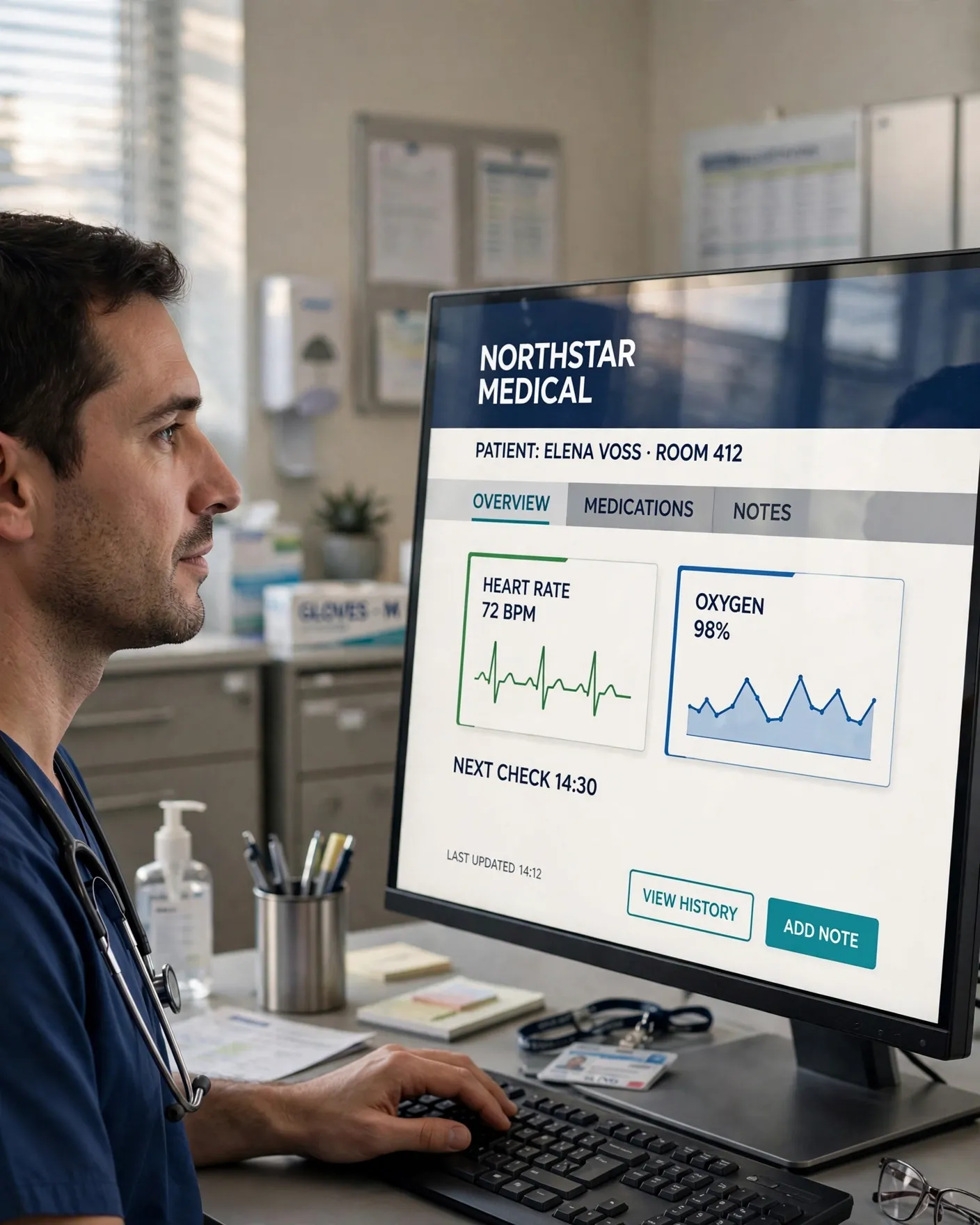 Meta Muse Image hospital test showing a doctor beside a large monitor displaying patient information, ECG data and medical interface panels.