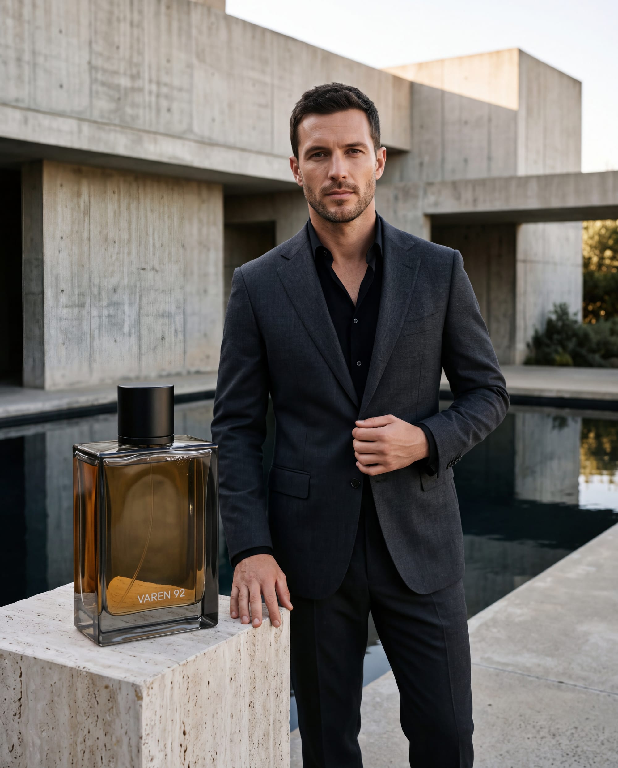 Nano Banana 2 fragrance campaign showing a suited man in a brutalist villa beside a VAREN 92 bottle nearly half his height.