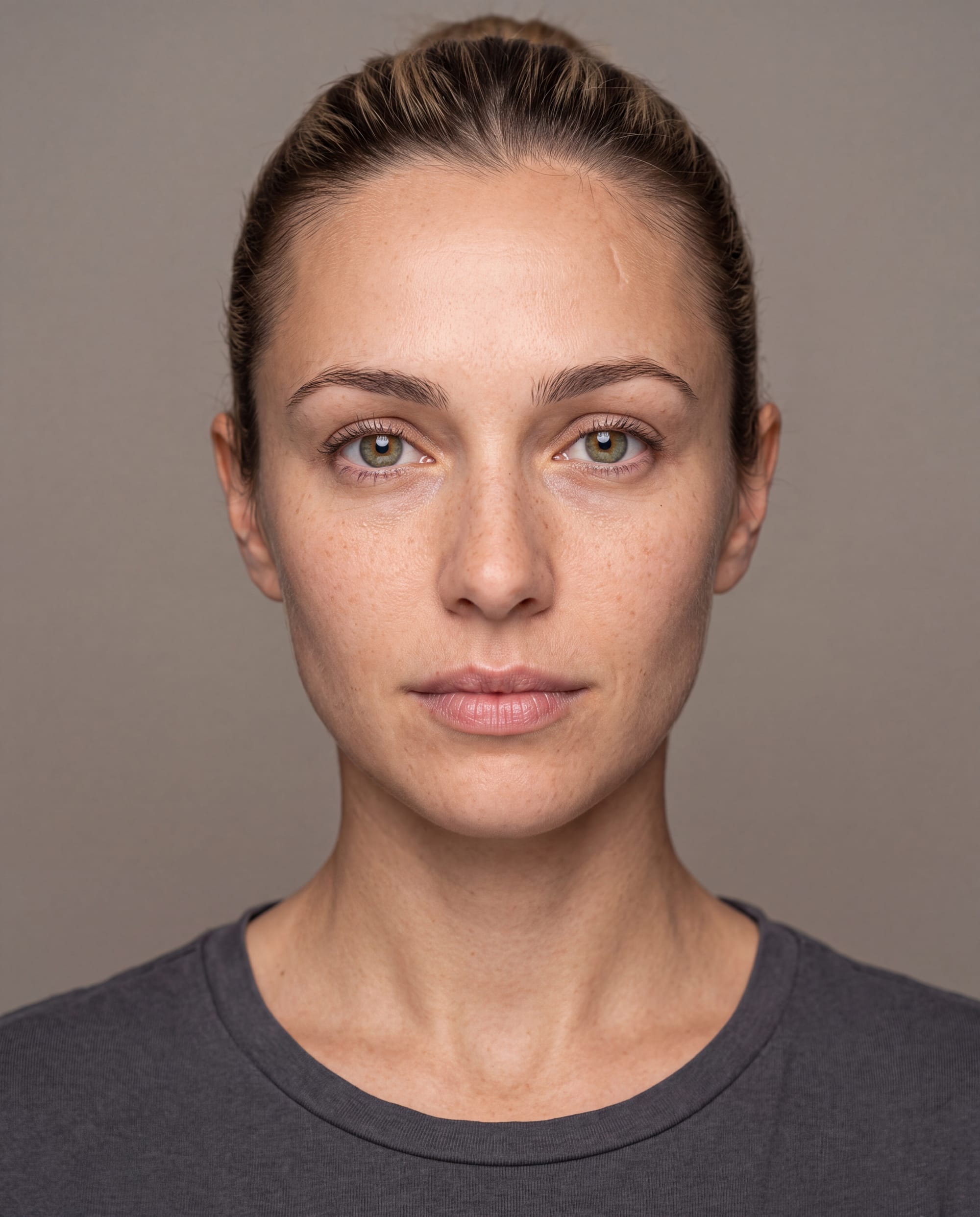 Nano Banana 2 portrait result showing a woman with natural skin texture, flyaway hairs, facial asymmetry and a slight turn of the head.