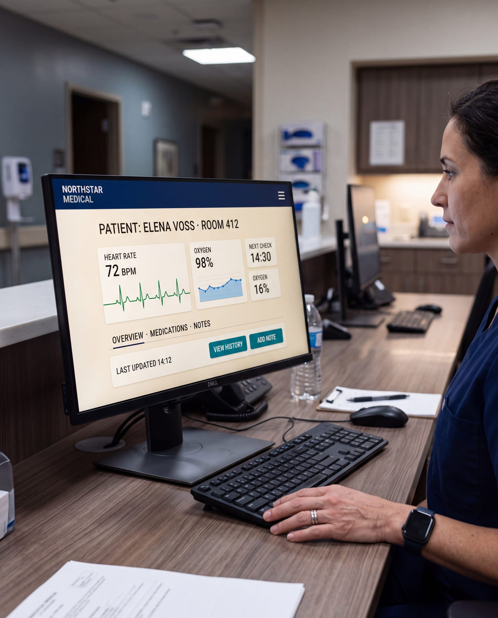 Nano Banana 2 hospital test showing a doctor at a workstation with a blue-and-white patient dashboard and medical charts.