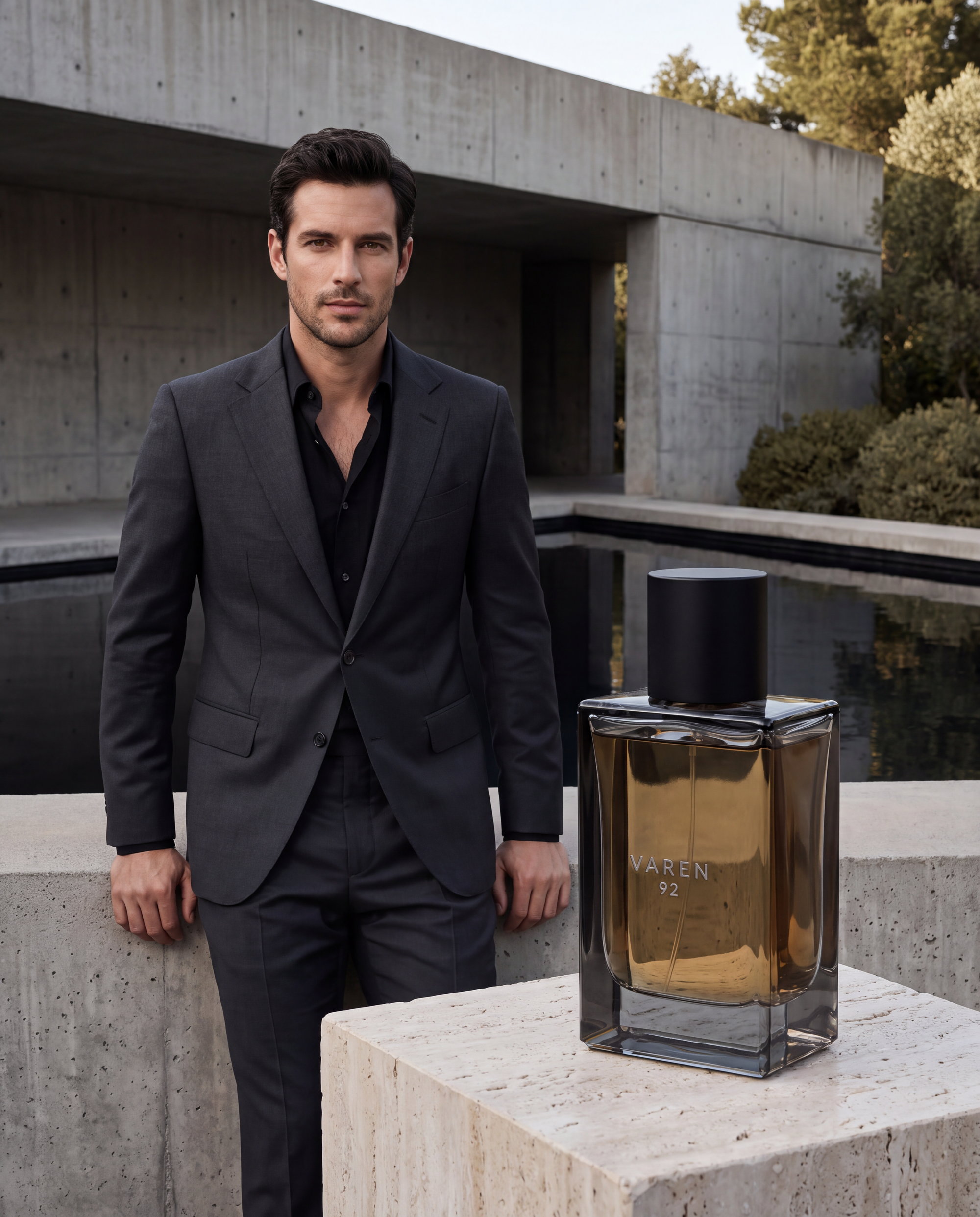 Nano Banana Pro fragrance campaign showing a suited man, reflecting pool and an unusually large VAREN 92 fragrance bottle.