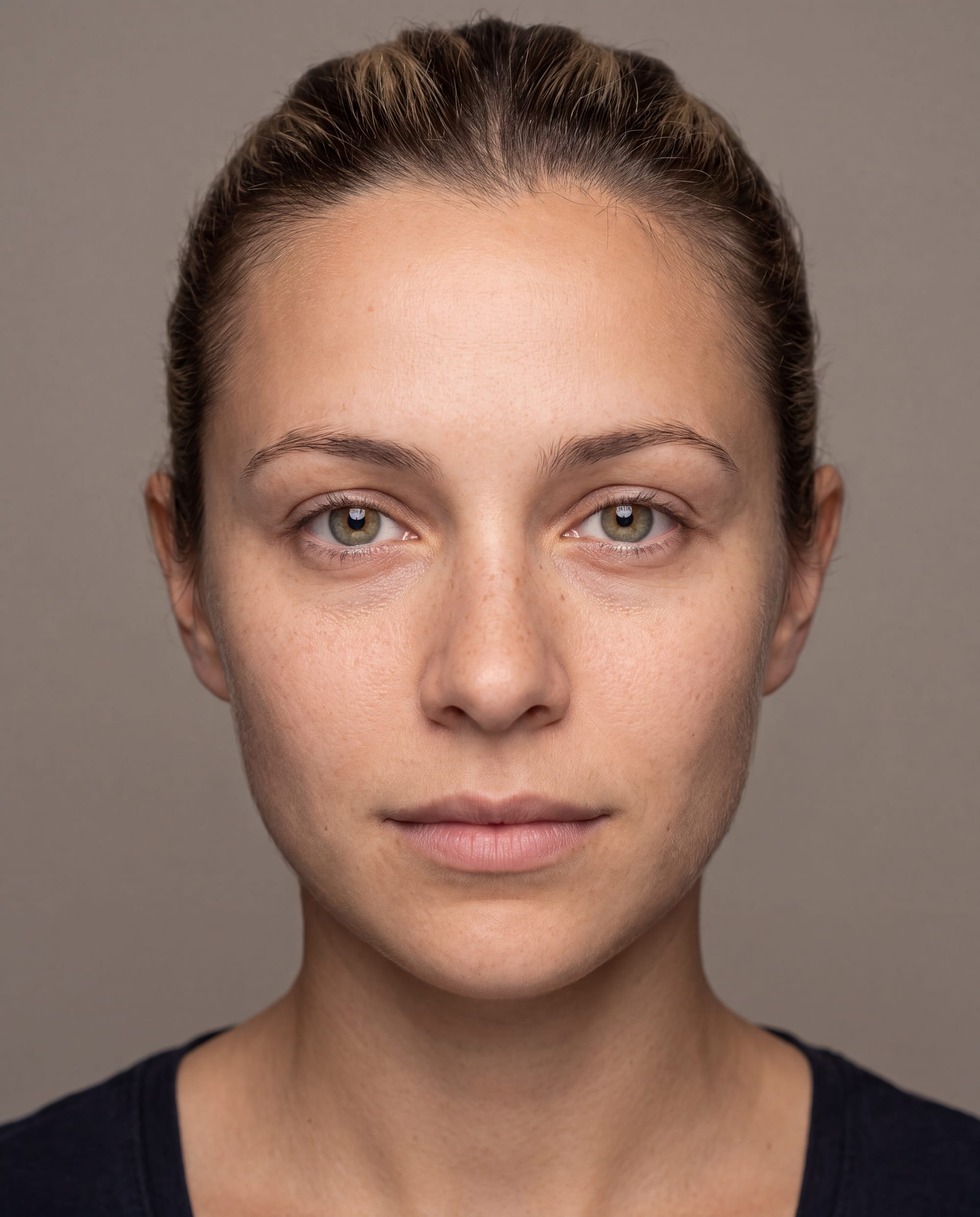 Nano Banana Pro portrait result showing a close-up woman with smooth detailed skin, green-hazel eyes and neatly pulled-back hair.