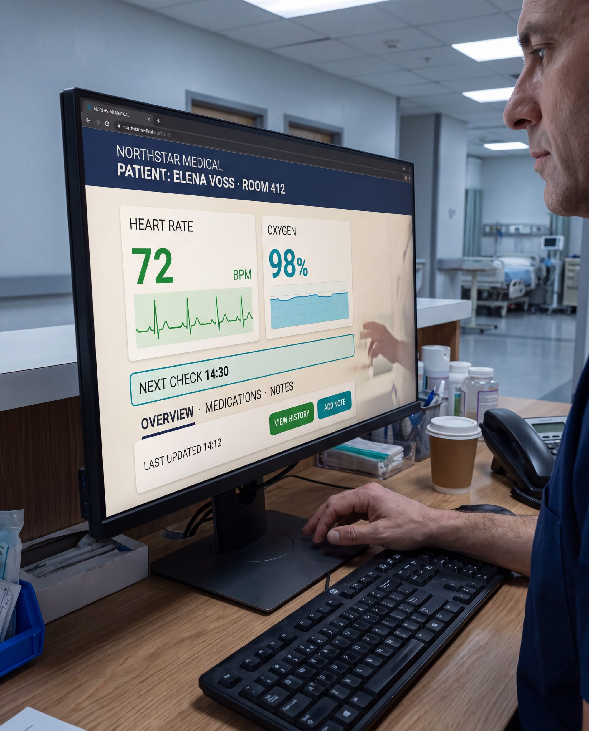 Nano Banana Pro hospital test showing a doctor beside an oversized patient dashboard with ECG, oxygen readings and navigation panels.