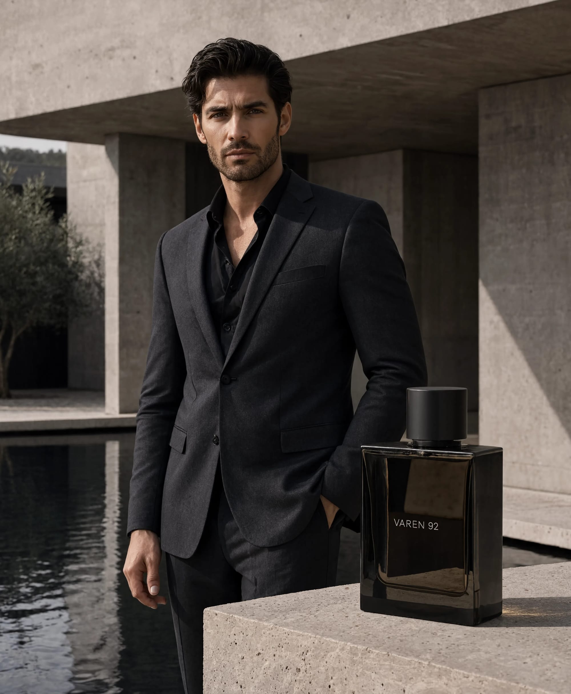 Reve 2.1 fragrance campaign showing a suited man and large VAREN 92 bottle with balanced lighting inside a brutalist villa.