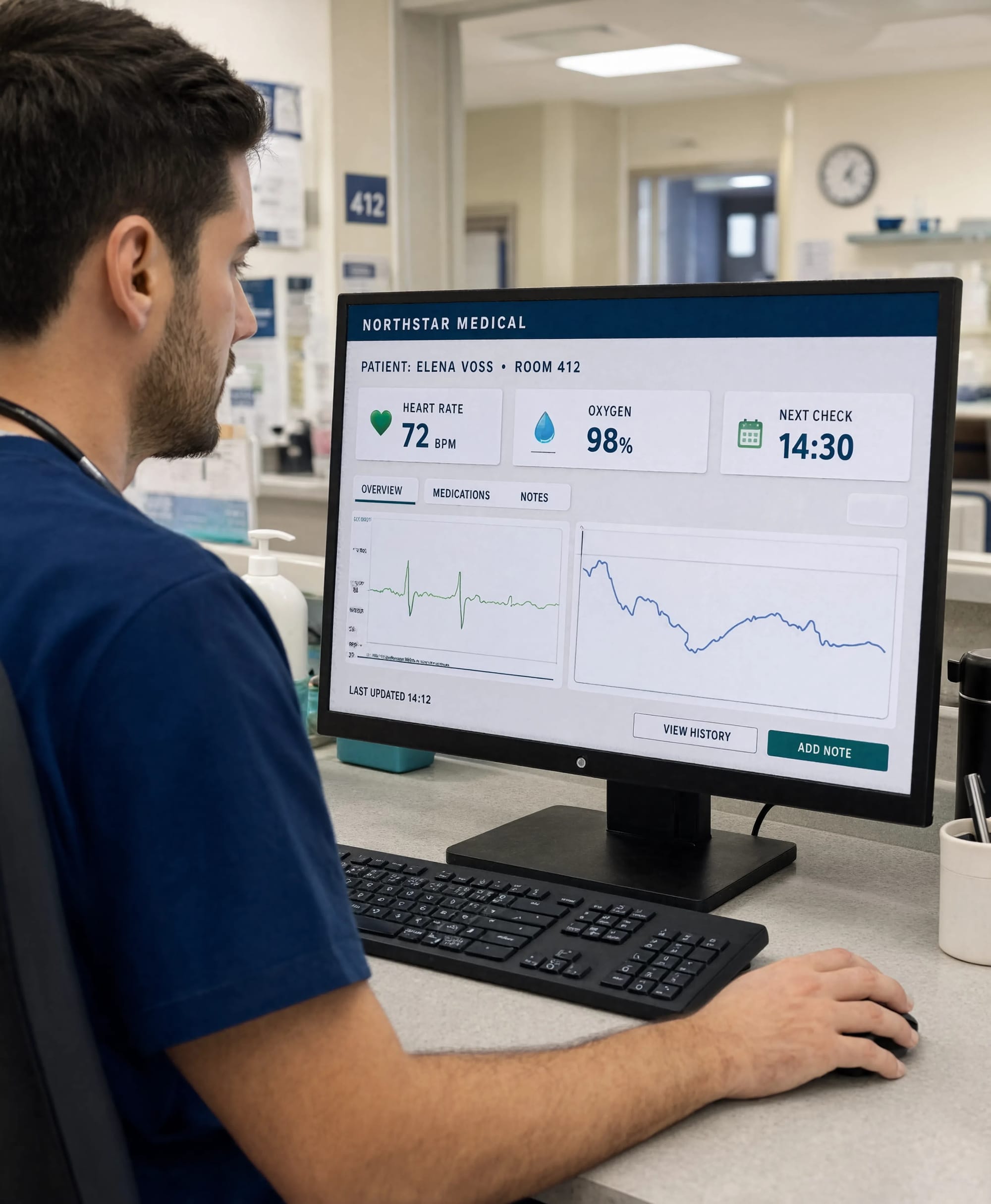 Reve 2.1 hospital test showing a doctor at a realistic workstation with an integrated medical dashboard, charts and patient information.