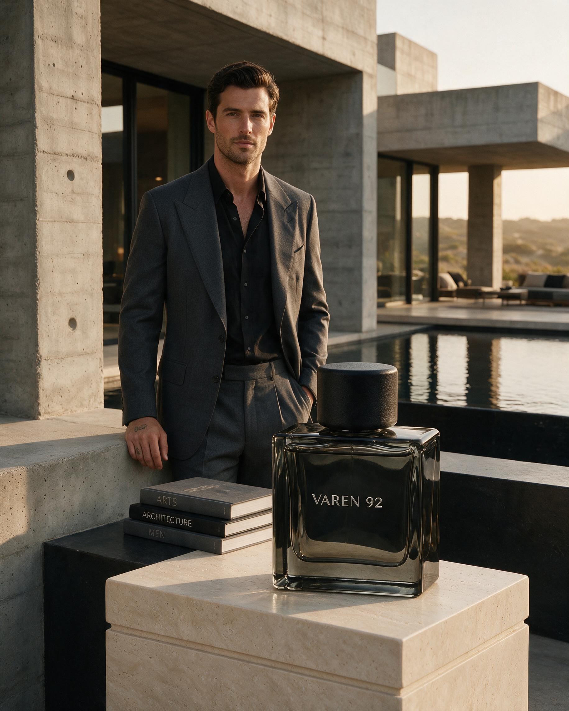 Seedream 5.0 Pro fragrance campaign showing a suited man, VAREN 92 bottle, reflecting pool and complete brutalist villa setting.