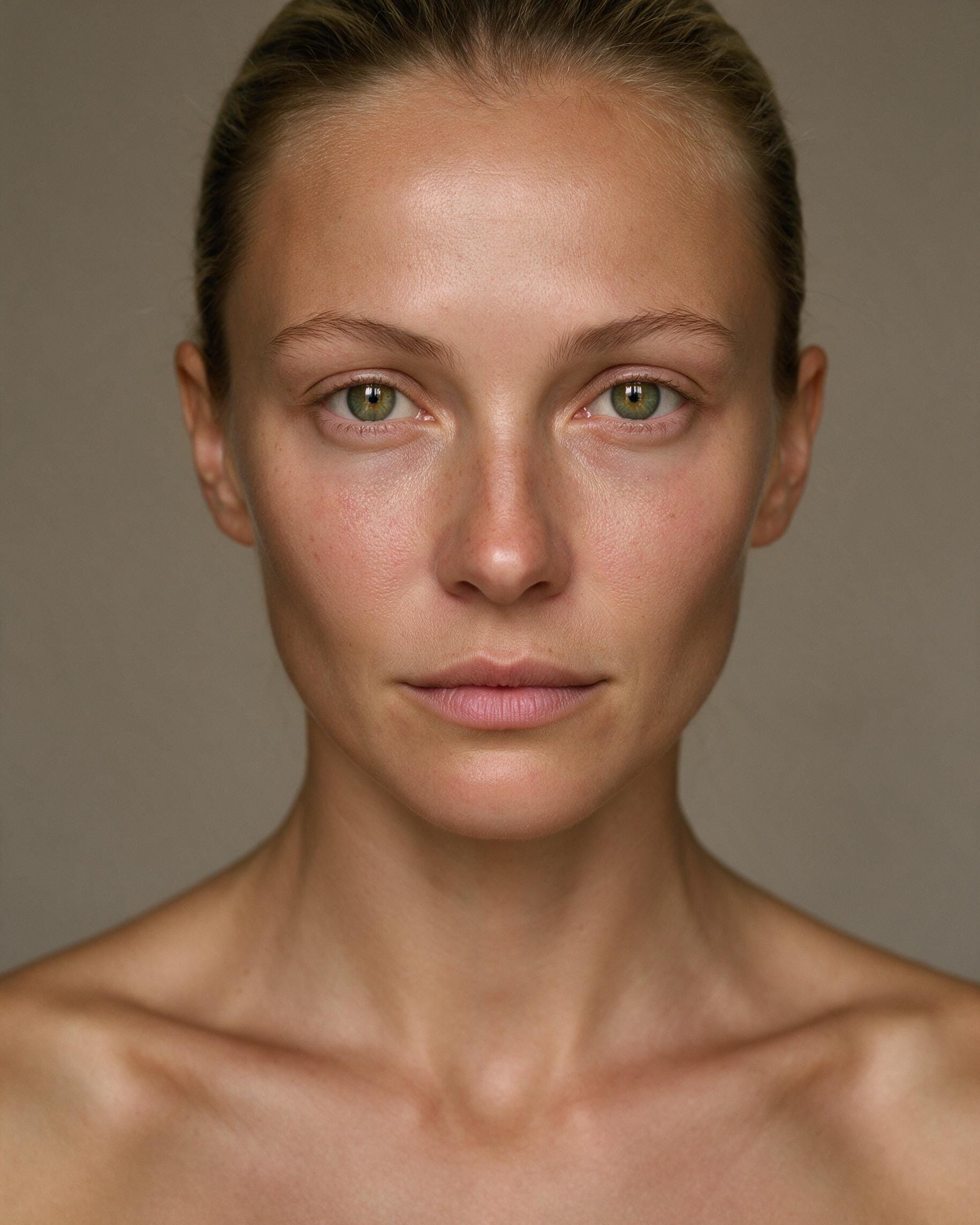 Seedream 5.0 Pro portrait result showing a woman with glowing skin, visible pores, natural redness and pulled-back dark-blonde hair.