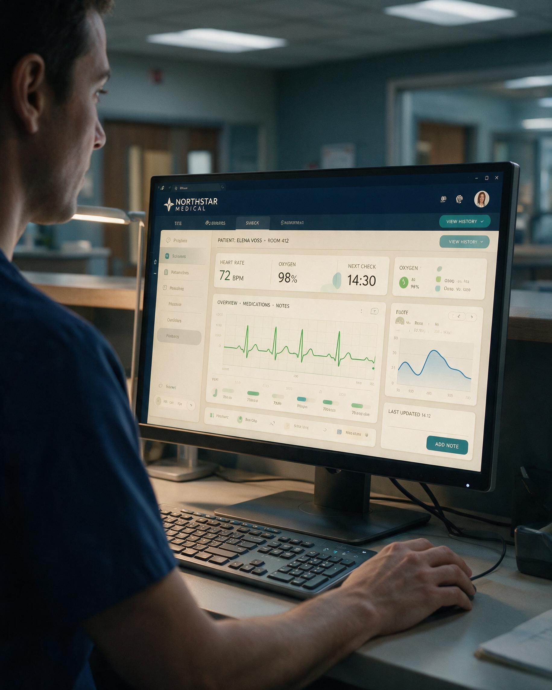 Seedream 5.0 Pro hospital test showing a doctor at a workstation with readable patient details, ECG data and smaller interface text.