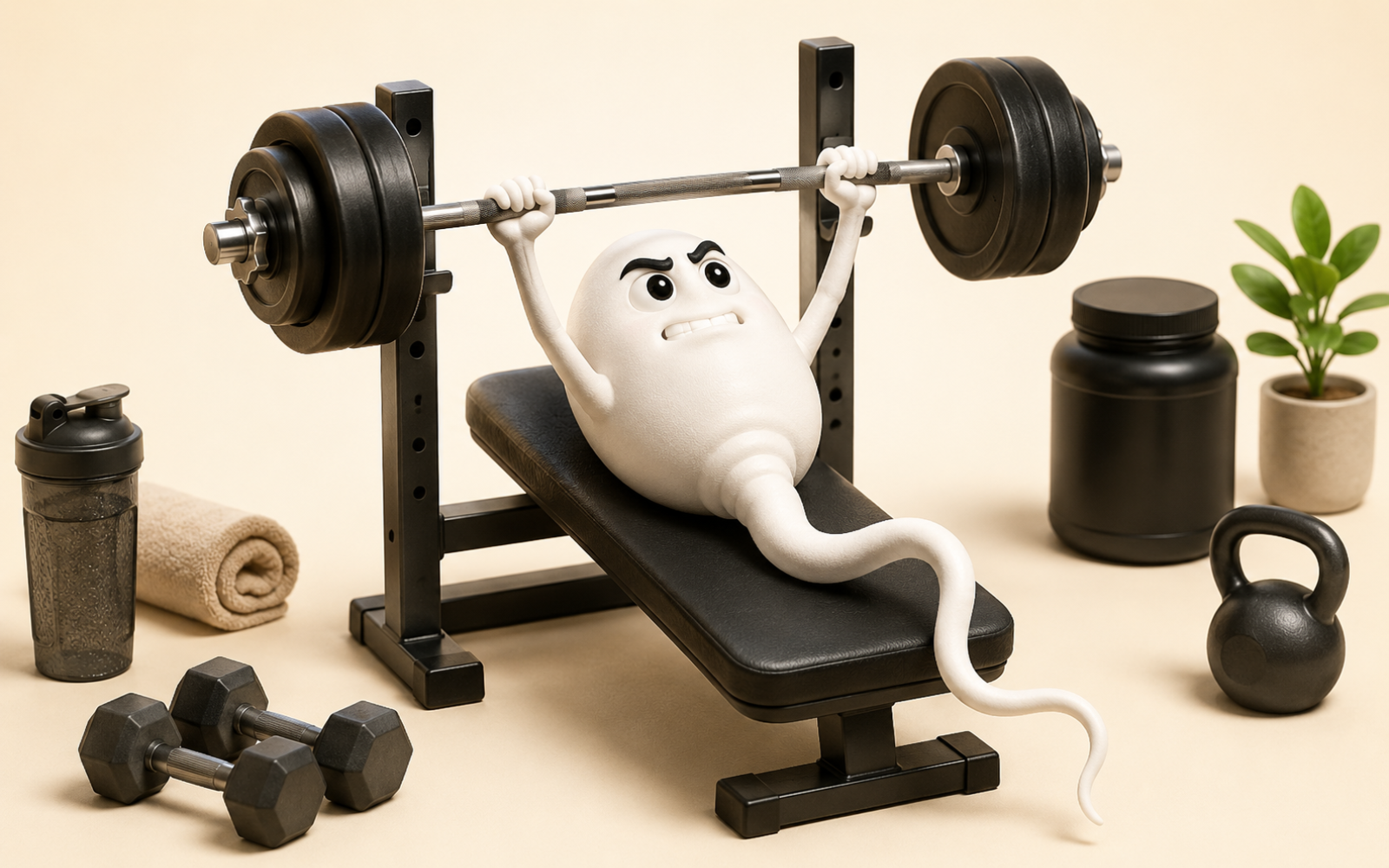 Cartoon sperm character bench pressing a heavy barbell in a playful gym-themed feature image about spermmaxxing.