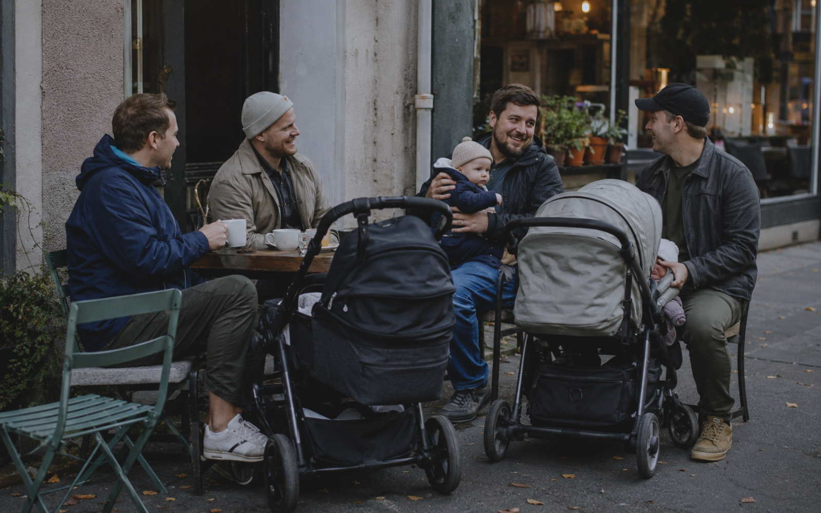 Fathers meeting for coffee with their babies and strollers.