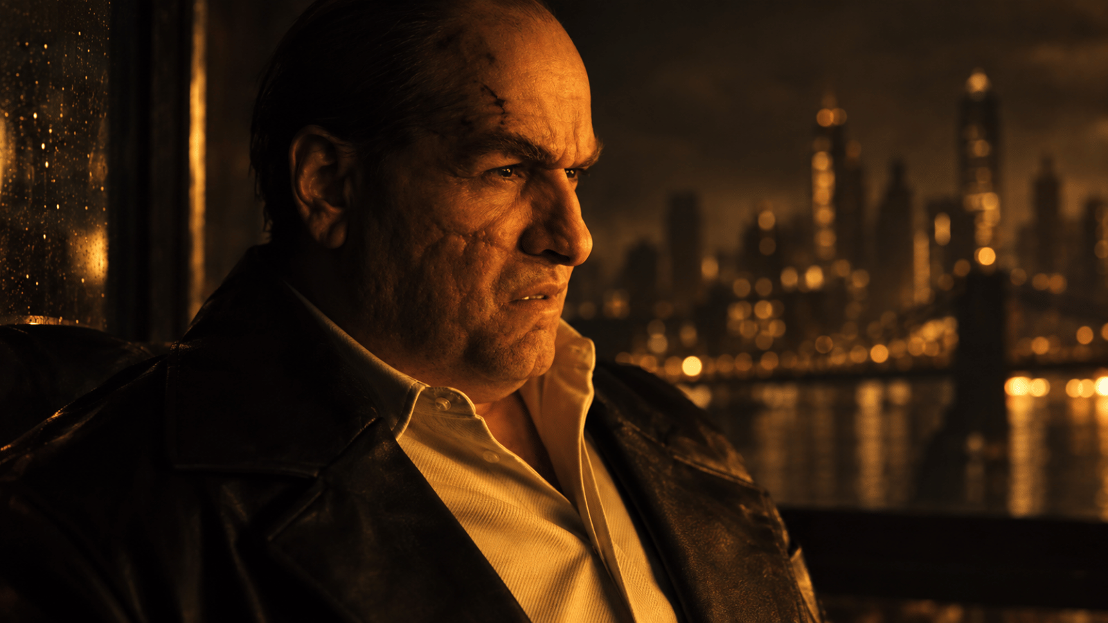 The Penguin sits in a dark leather coat beside a rain-covered window overlooking a city at night.