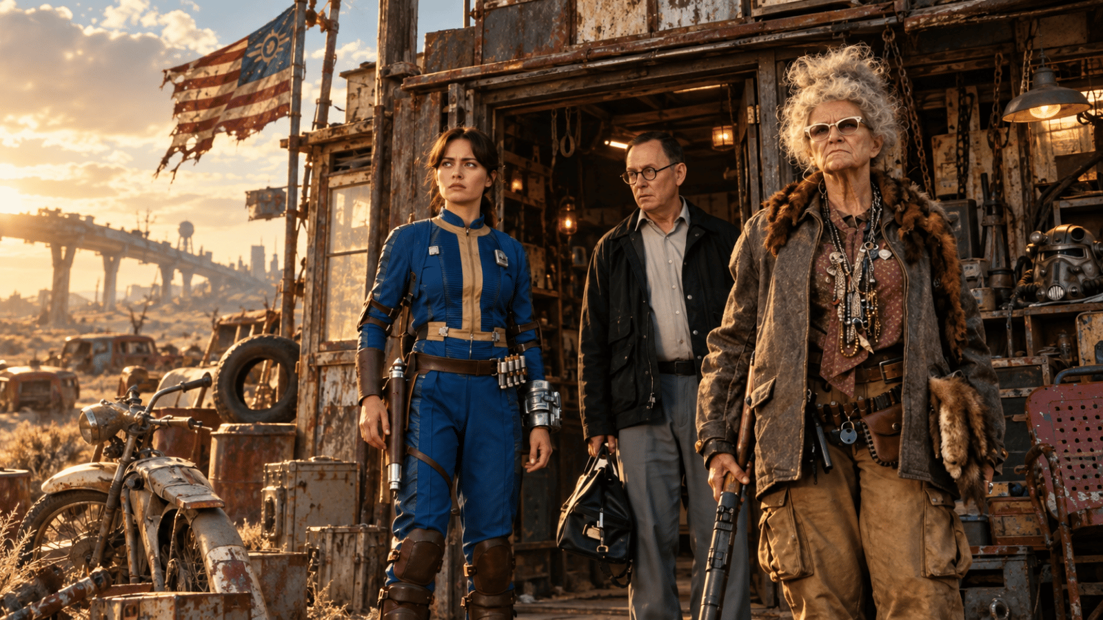 Three Fallout characters stand outside a weathered wasteland trading post surrounded by scrap, machinery and a ruined landscape.