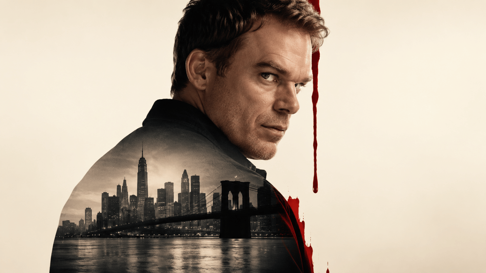 Dexter Morgan looks over his shoulder against a dark New York skyline with a red blood streak behind him.