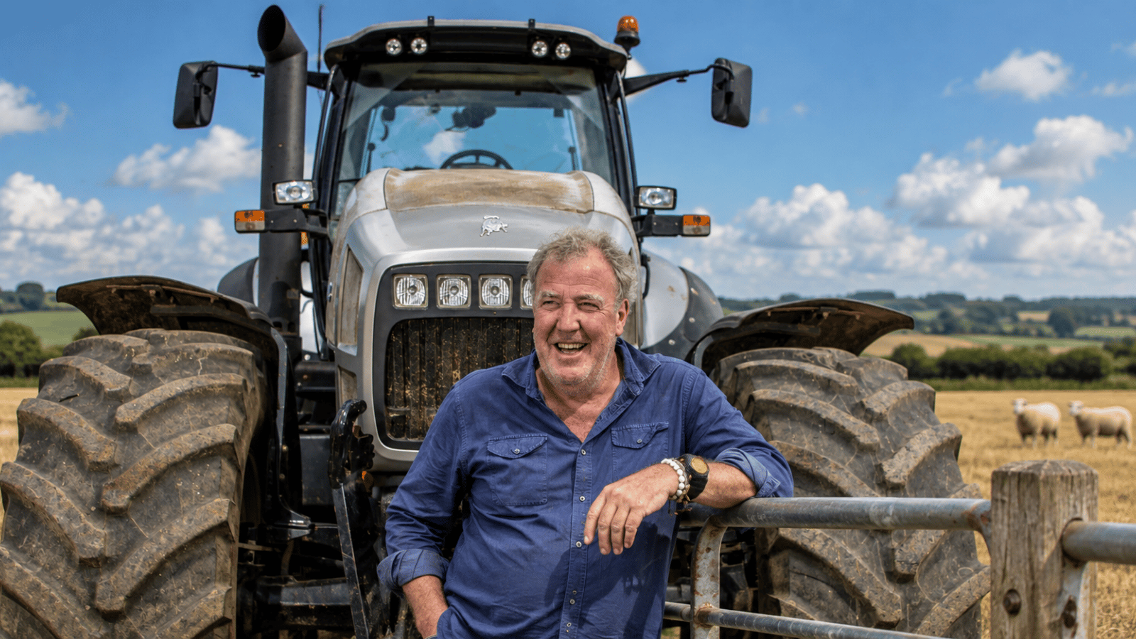 Jeremy Clarkson stands smiling in front of a large muddy tractor in the English countryside.