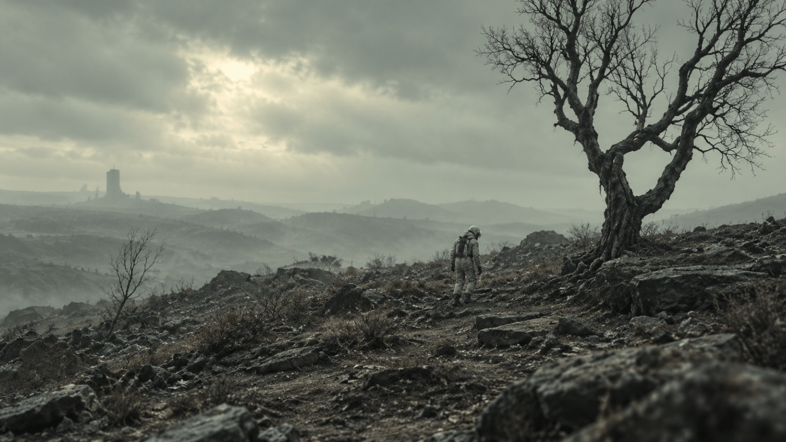 A lone figure in a protective suit walks across a bleak rocky landscape beneath a dead tree, with the silo visible in the distance.