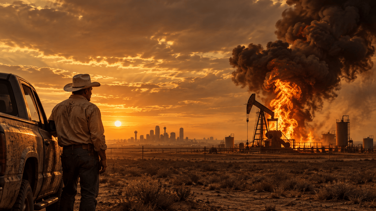 A man in a cowboy hat watches an oil pumpjack engulfed in flames against a dramatic Texas sunset.