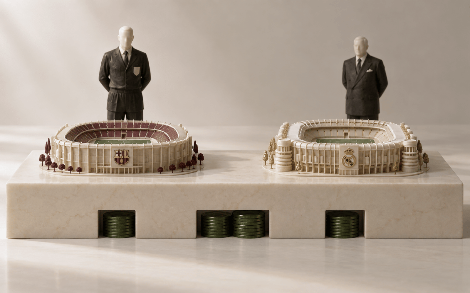 Miniature Barcelona and Real Madrid stadiums on an ivory plinth, with wax-like officials standing behind them and dark-green coin stacks visible beneath the base.
