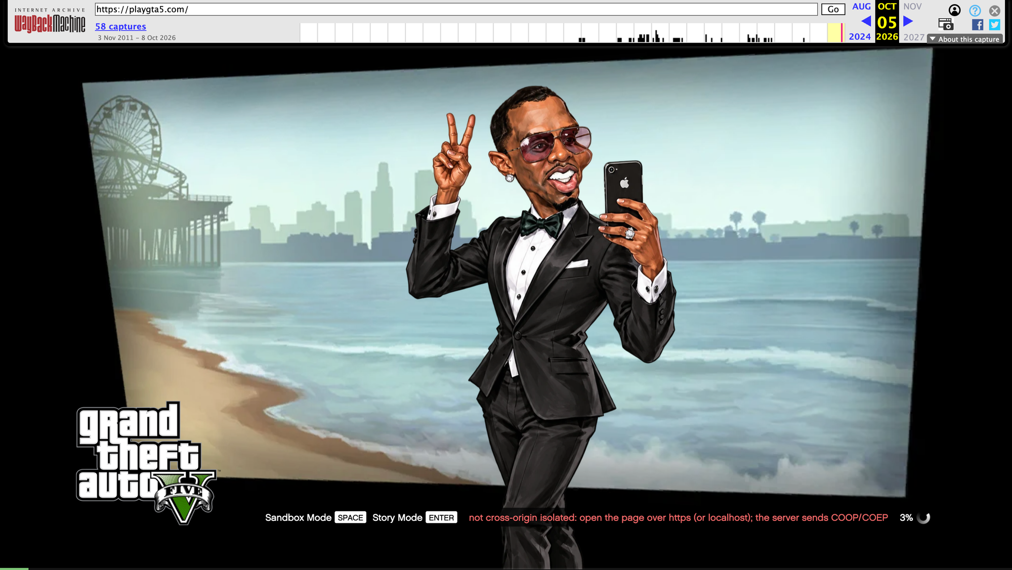 Archived GTA-branded browser page showing 3 percent loading and a cross-origin isolation error.