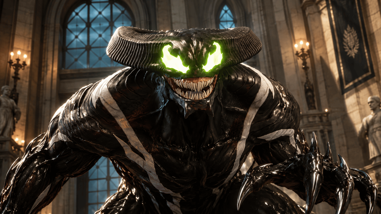 Menacing black symbiote creature with glowing green eyes, sharp teeth, and massive claws inside a grand gothic hall.
