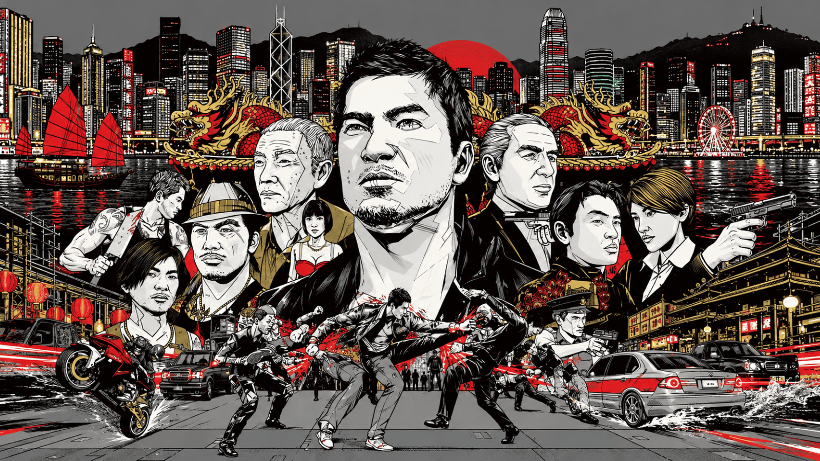 Stylized Hong Kong crime collage featuring Wei Shen, street fights, motorcycles, skyscrapers, and traditional Chinese dragons.
