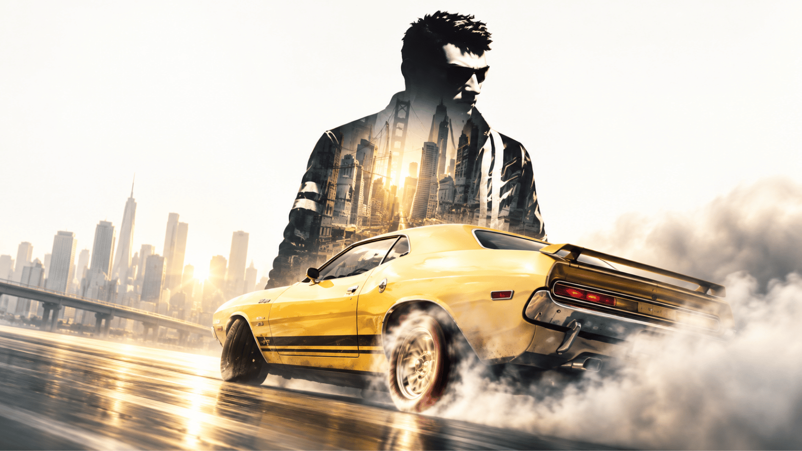 Yellow muscle car drifting through tire smoke beneath a mysterious driver silhouette with a double-exposed city skyline at sunset.