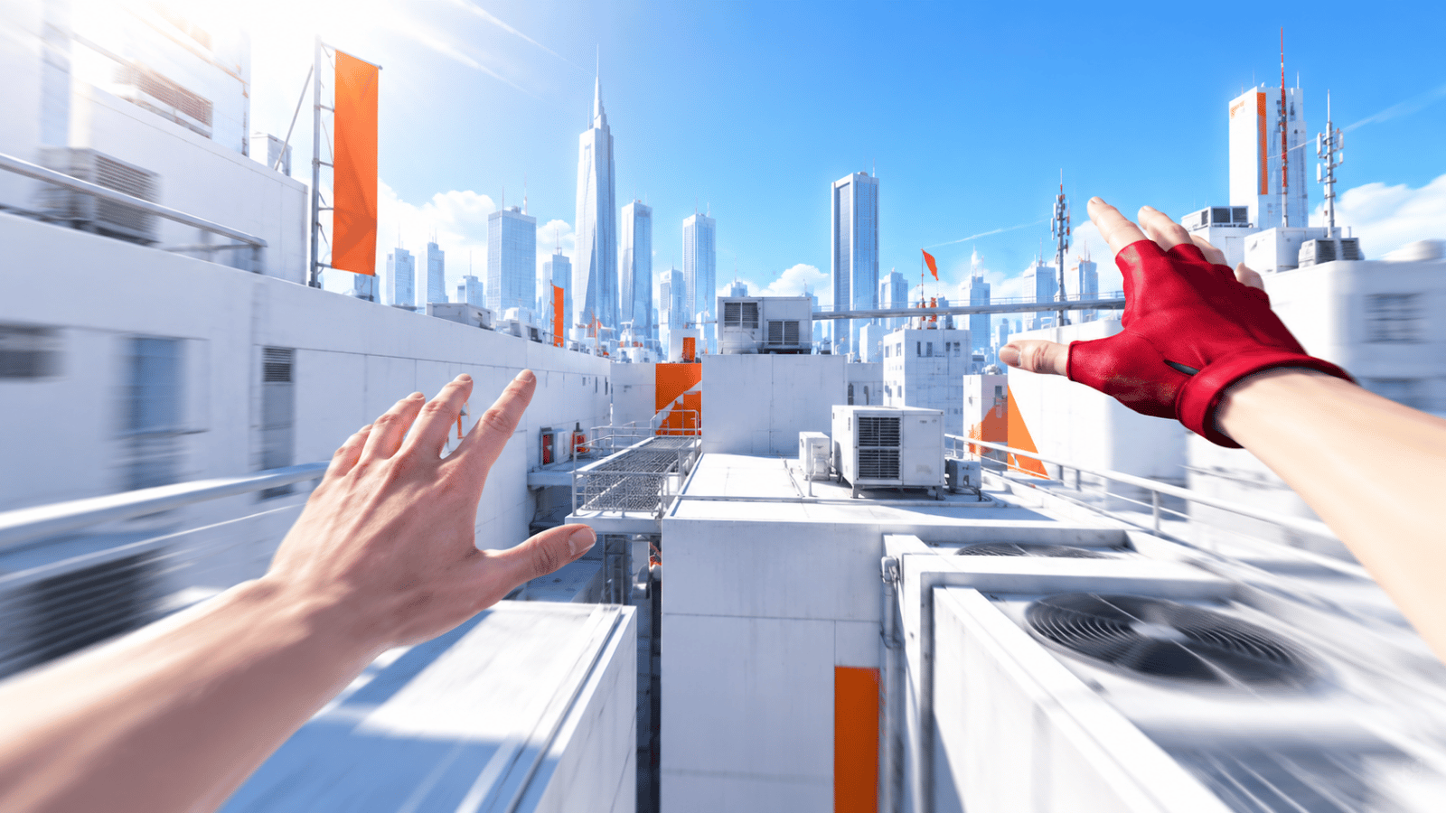 First-person parkour view across futuristic white rooftops, with outstretched hands, red gloves, and a bright blue city skyline.