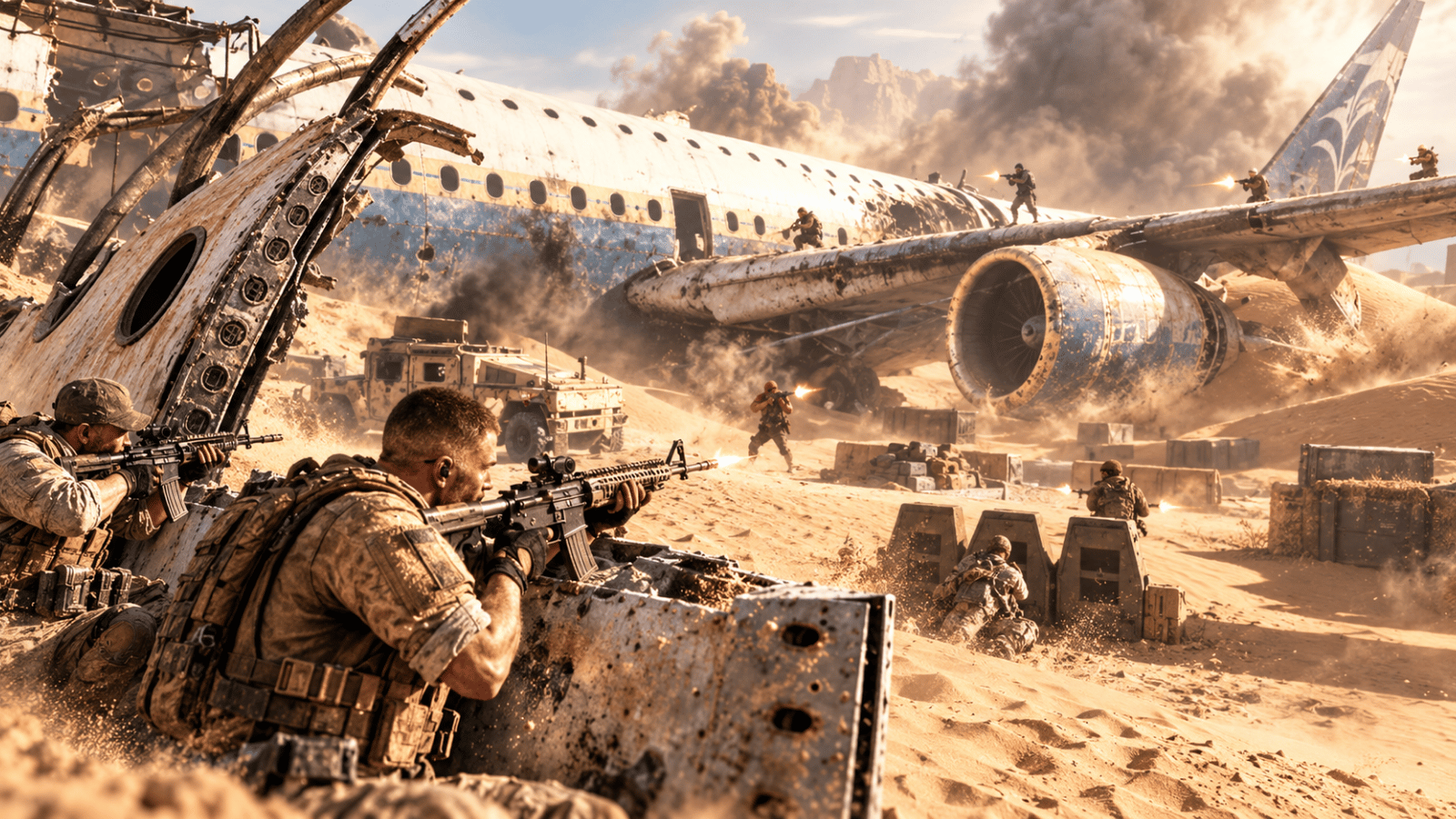 Soldiers exchanging gunfire around a crashed passenger aircraft in a dusty desert battlefield filled with smoke and debris.