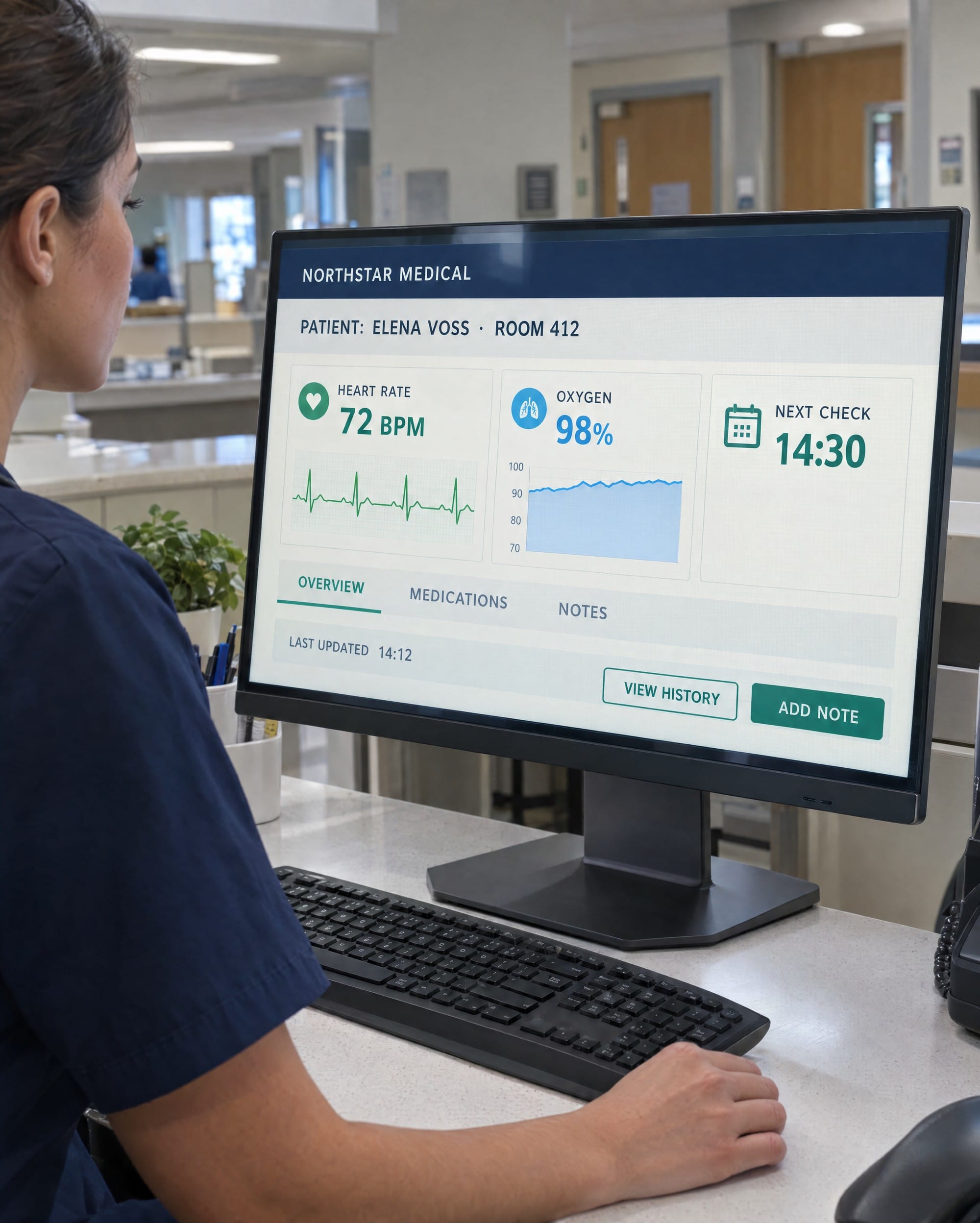GPT Image 2.5 Flare photo of a doctor at a nurses’ station facing a monitor with heart rate, oxygen and next-check cards.