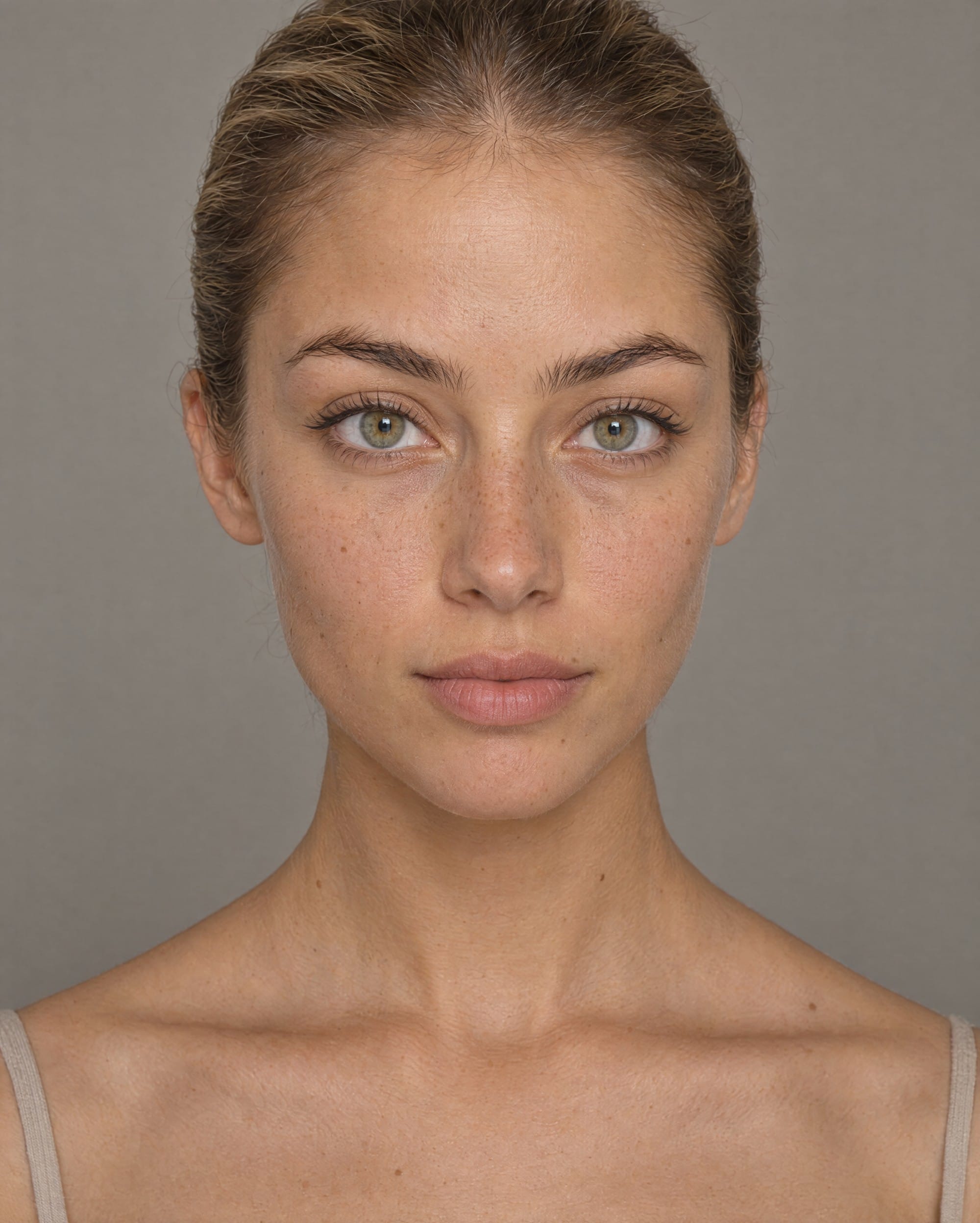 GPT Image 2.5 Flare studio portrait of a woman with green-hazel eyes, freckles and tied-back hair against a grey background.