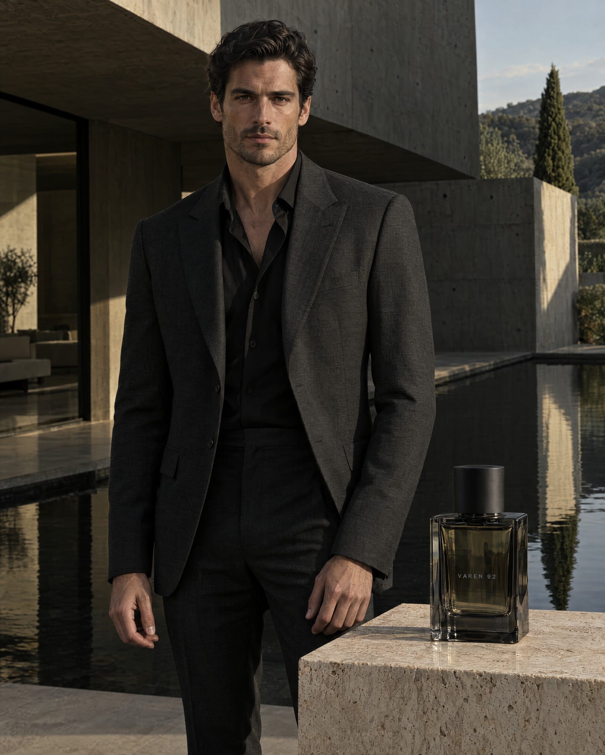 GPT Image 2.5 Flare fragrance advert of a man in a charcoal suit beside a smoked-glass VAREN 92 bottle on a travertine plinth by a reflecting pool.