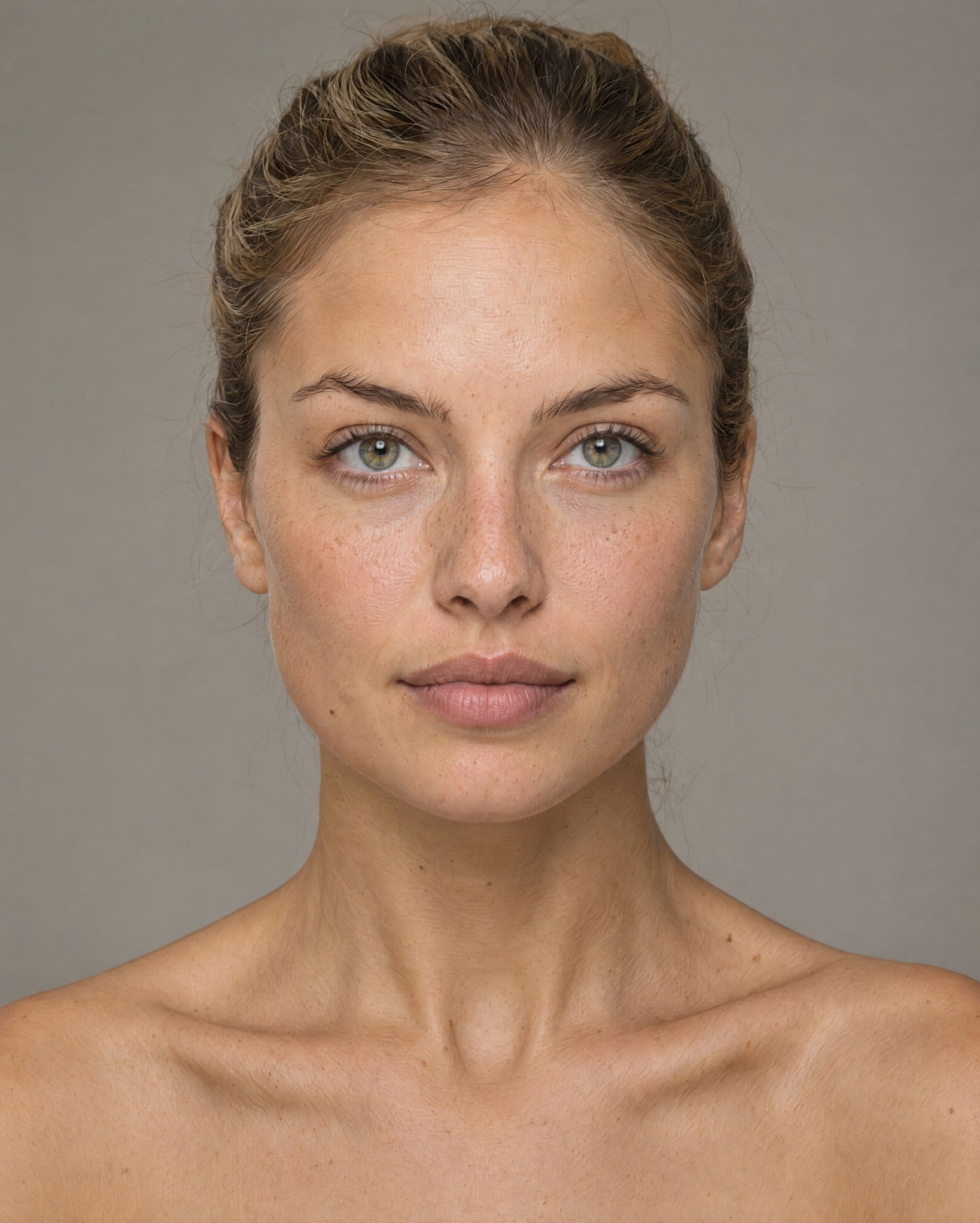 GPT Image 2.5 Sunburst studio portrait of a woman with visible pores, freckles and tied-back dark-blonde hair against a warm-grey background.