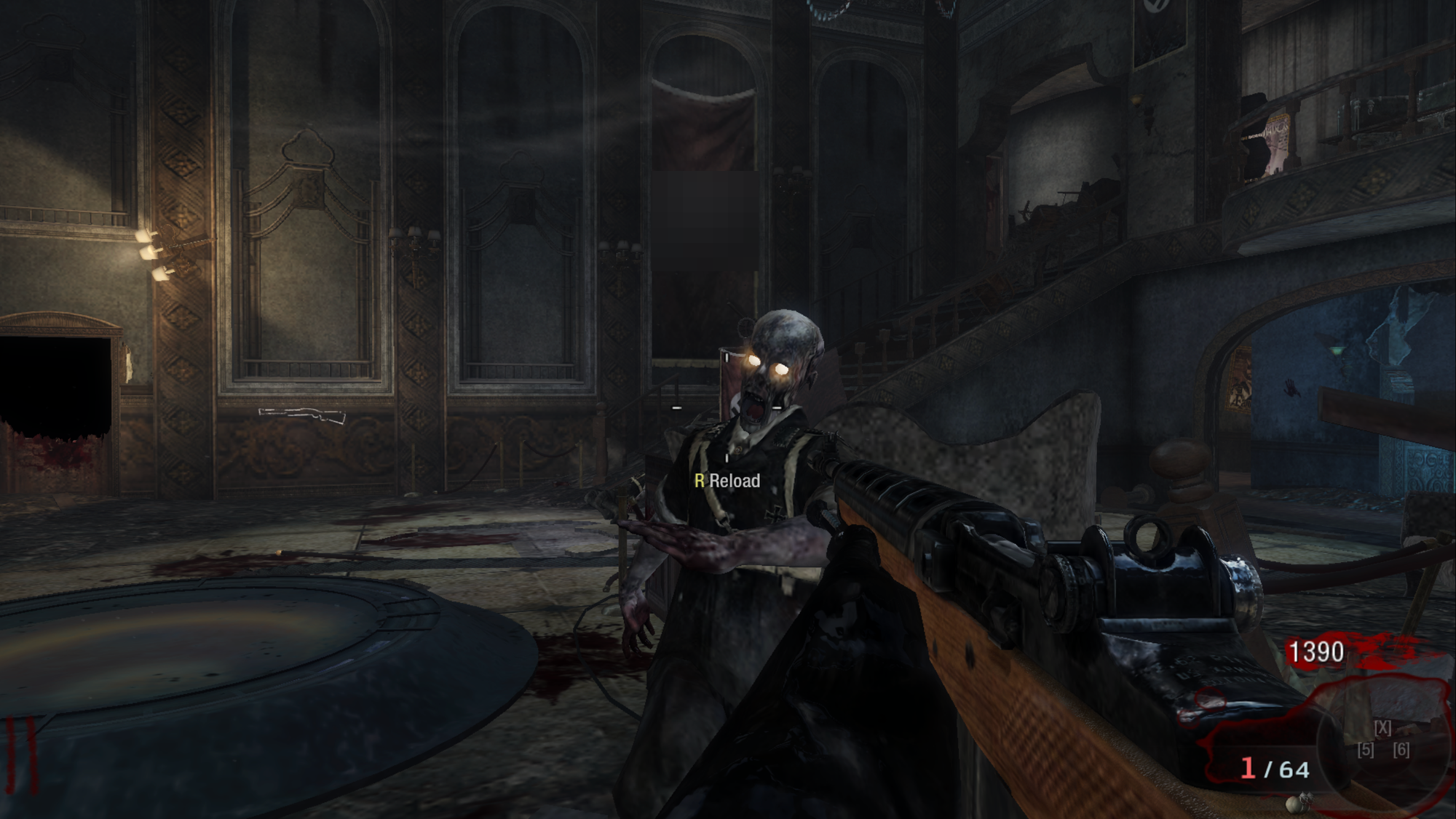 A zombie approaches the player inside Kino der Toten, running in a Chrome browser tab