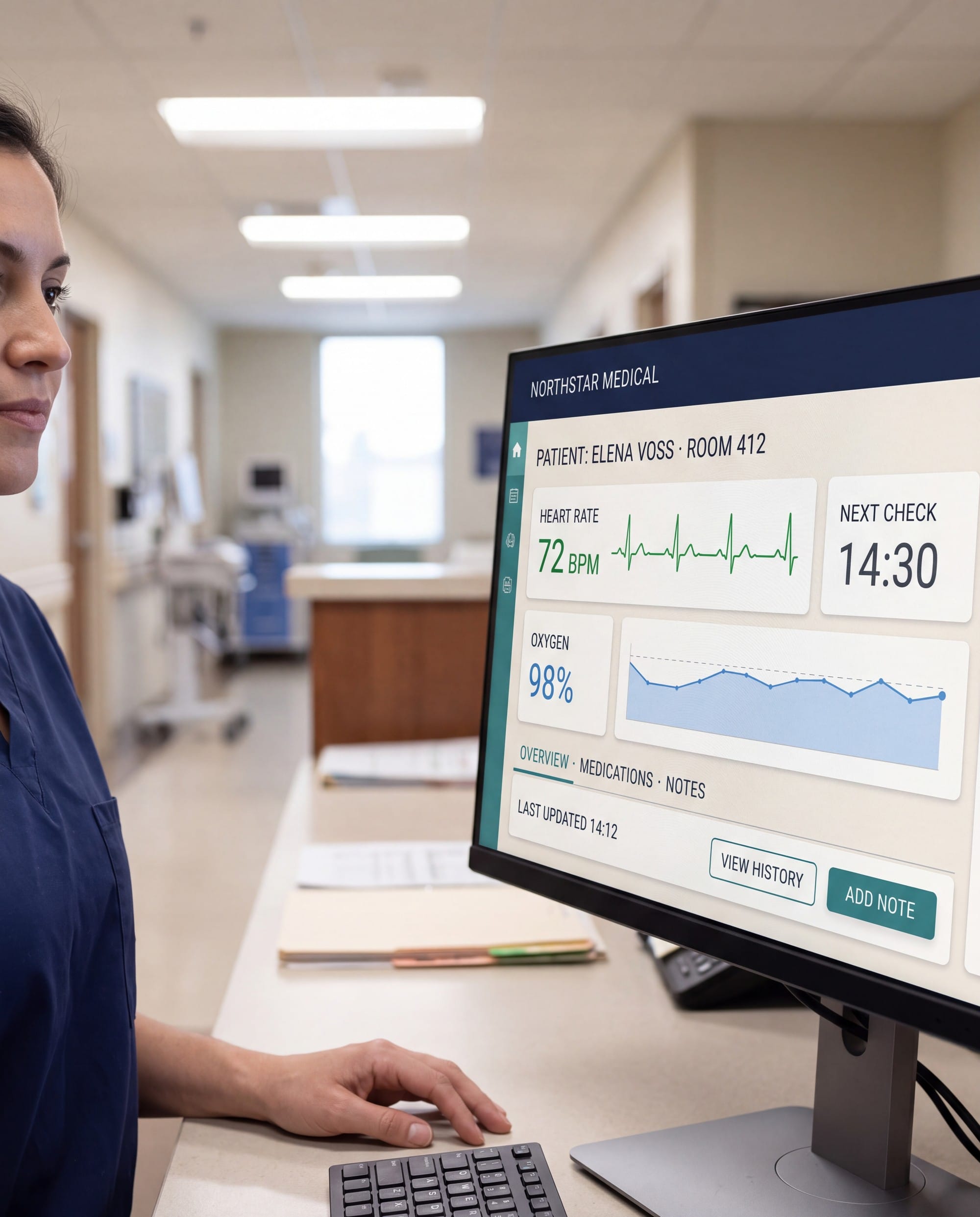 Nano Banana 2.1 photo of a doctor beside an angled monitor showing a Northstar Medical dashboard in a hospital corridor.