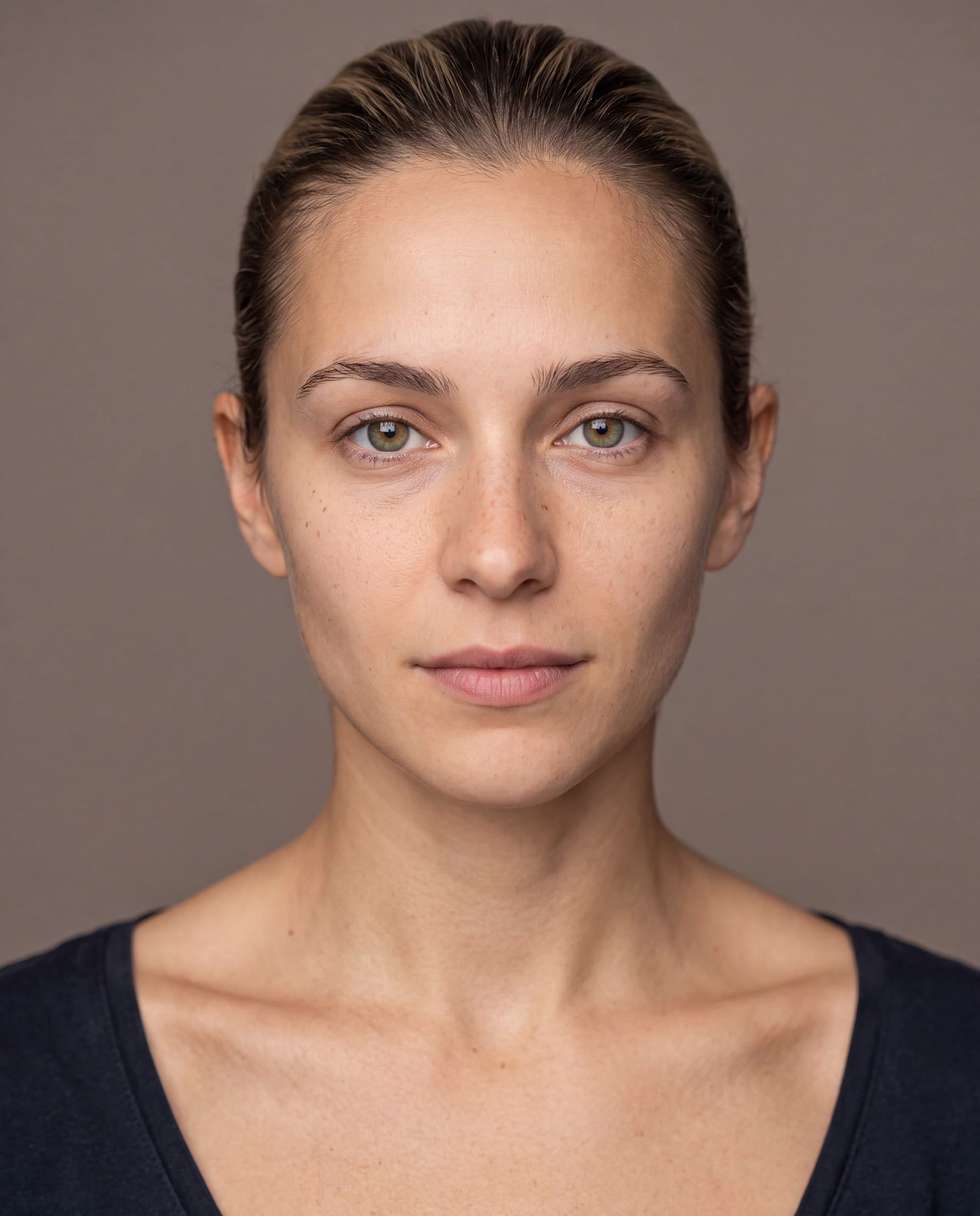 Nano Banana 2.1 studio portrait of a woman with smooth skin and tied-back hair, wearing a dark top.
