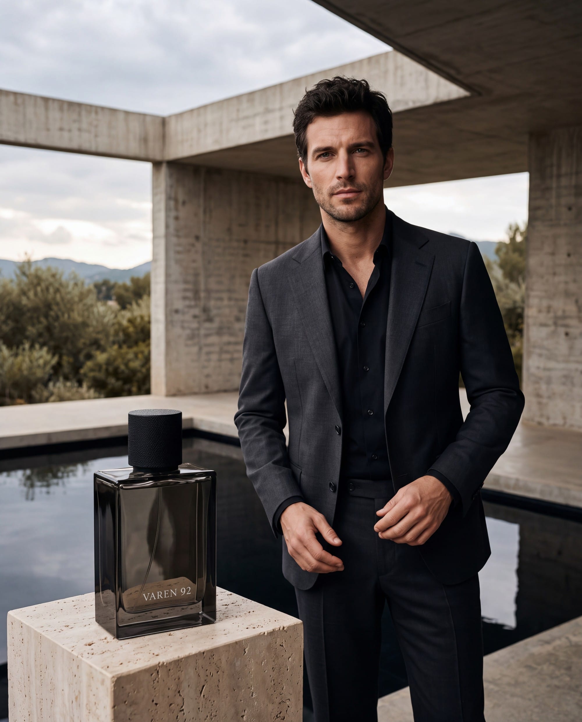 Nano Banana 2.1 fragrance advert of a man in a dark suit beside an oversized VAREN 92 bottle on a stone plinth.