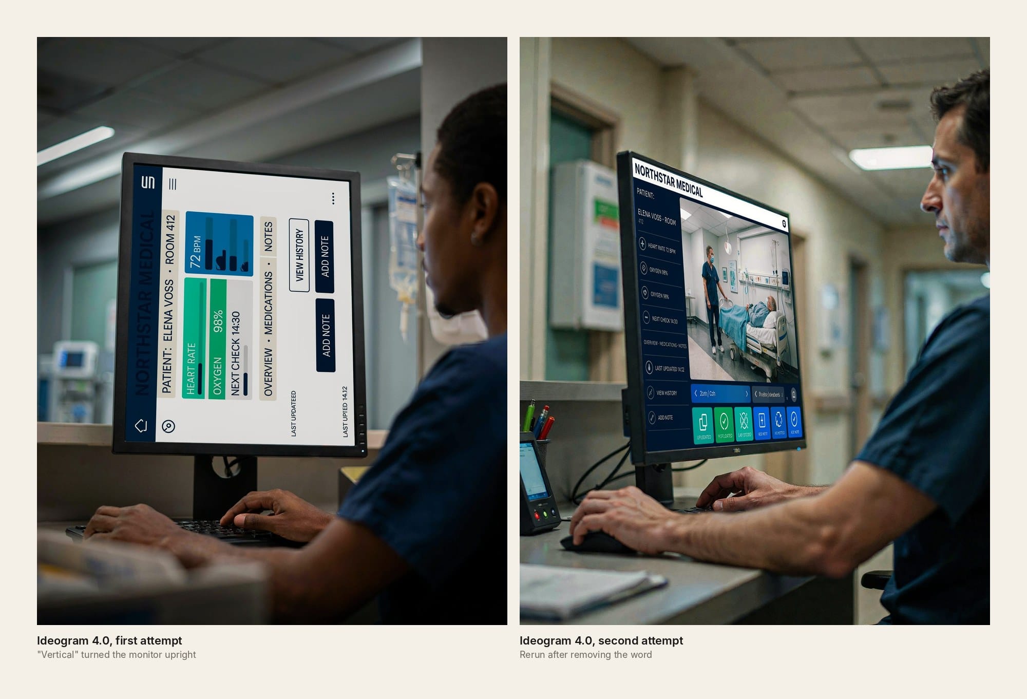 Two Ideogram hospital images: the first with the monitor turned upright, the second with a normal monitor after the prompt was reworded.