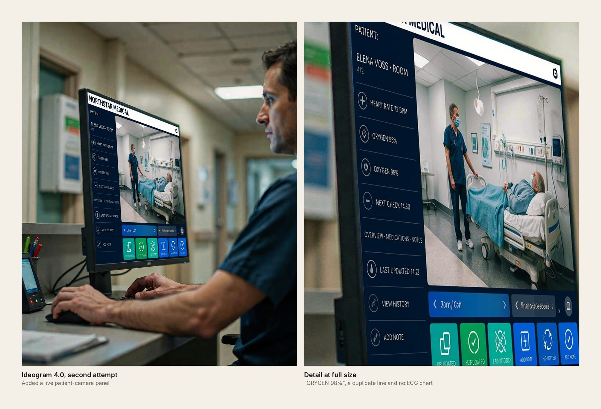 Ideogram’s hospital scene next to a close-up of its screen, showing a patient-camera panel and the misspelled line “ORYGEN 98%”.