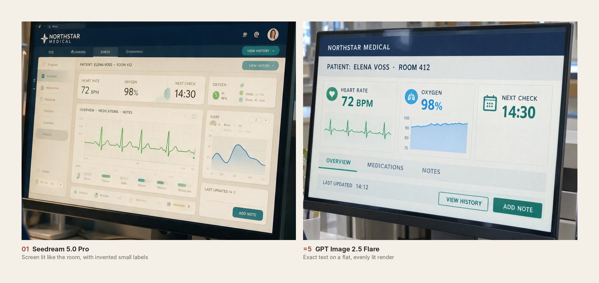 Two hospital monitors side by side. Seedream’s is dimmer and dense and matches the room; Flare’s is bright and flat, with clean text.