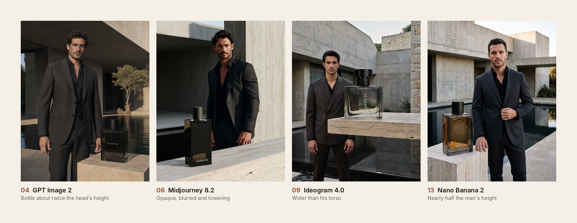Four VAREN 92 adverts where the fragrance bottle is far too large next to the man, from GPT Image 2, Midjourney 8.2, Ideogram 4.0 and Nano Banana 2.