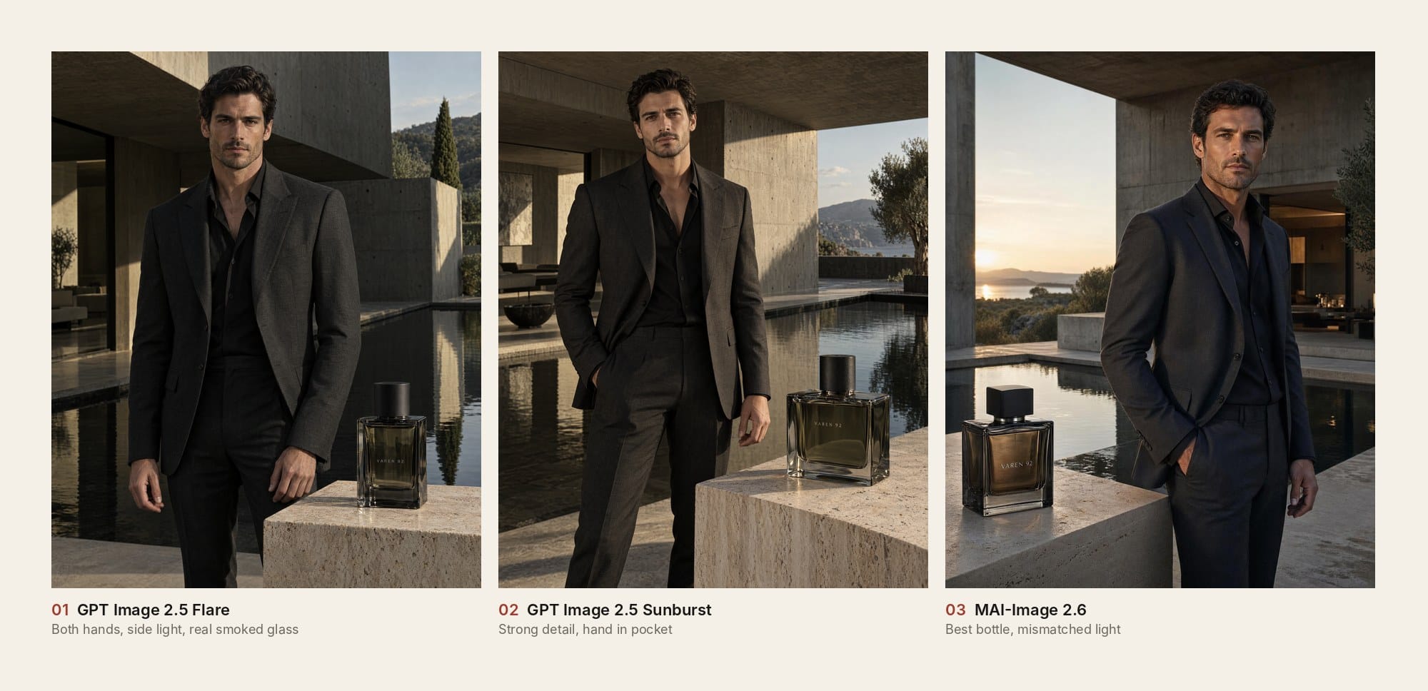 The three best VAREN 92 adverts side by side, from GPT Image 2.5 Flare, GPT Image 2.5 Sunburst and MAI-Image 2.6.