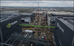 Nvidia and OpenAI logos over a large data centre under construction.