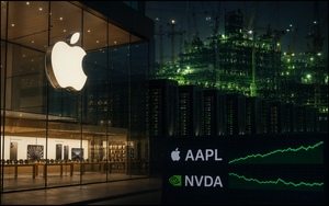 Apple logo in front of dark GPU racks with Nvidia-green lighting and a financial screen showing AAPL edging above NVDA.
