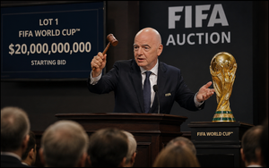 Gianni Infantino auctioning the FIFA World Cup trophy with a $20 billion starting bid.
