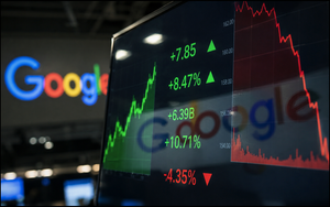 Google logo beside an earnings report and falling Alphabet stock chart.
