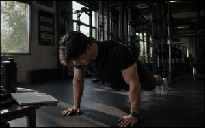 An athletic man doing push-ups in a gym beside an open training notebook and protein shaker.