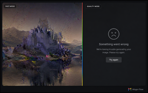 Split-screen comparison showing a Mage-Flow Fast mode café image beside the Quality mode error screen from Microsoft’s Hugging Face demo.