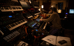 Music producer working beside a contract and royalty statement in a recording studio.