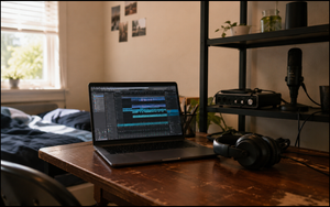 A simple bedroom music production setup with a laptop, DAW and studio headphones.