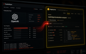 OpenAI evaluation interface with a red data path escaping toward a Hugging Face dataset containing benchmark answers.